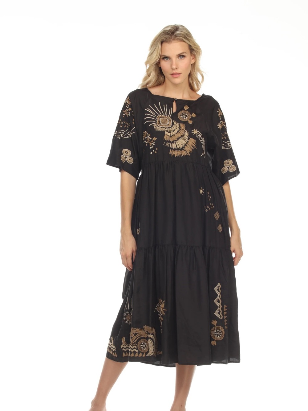 Johnny Was Workshop Antonia Raglan Tiered Midi Dress Boho Chic W34022